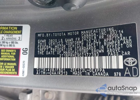 2014 Toyota Corolla Le Eco Plus z USA, uszkodzony, nr VIN 2T1BPRHE9EC177393